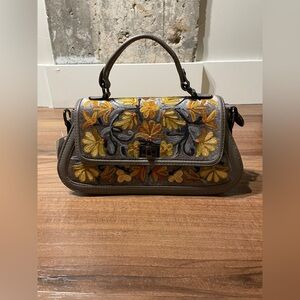 New Embroidered Floral Handbag - Gray and Yellow